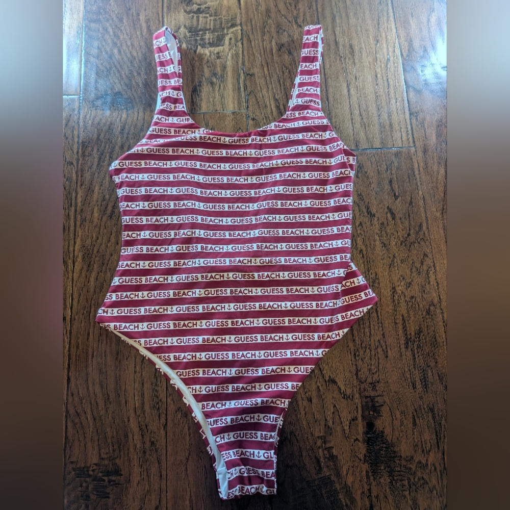 GUESS Red and White Striped Swimsuit